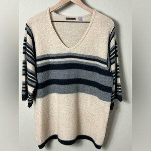 Cullen 100% Cashmere Sweater V-neck Striped 3/4 Length Sleeve Fall Winter Cozy